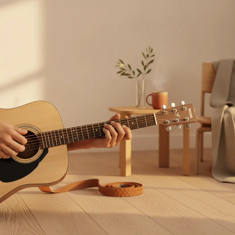 AI product photo: close crop of the acoustic guitar body and hands on the strings, pale wood floor behind