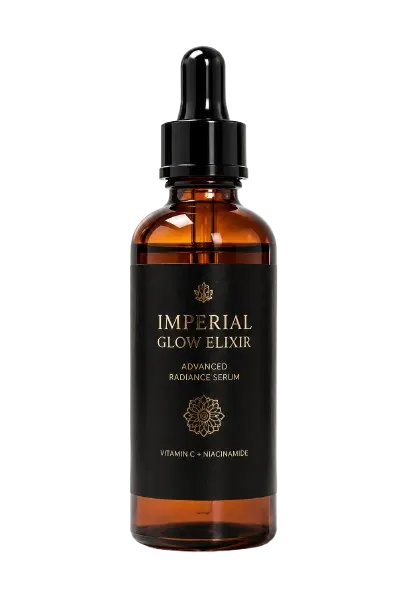 Input: a plain product photo of an amber Imperial Glow Elixir serum bottle on white
