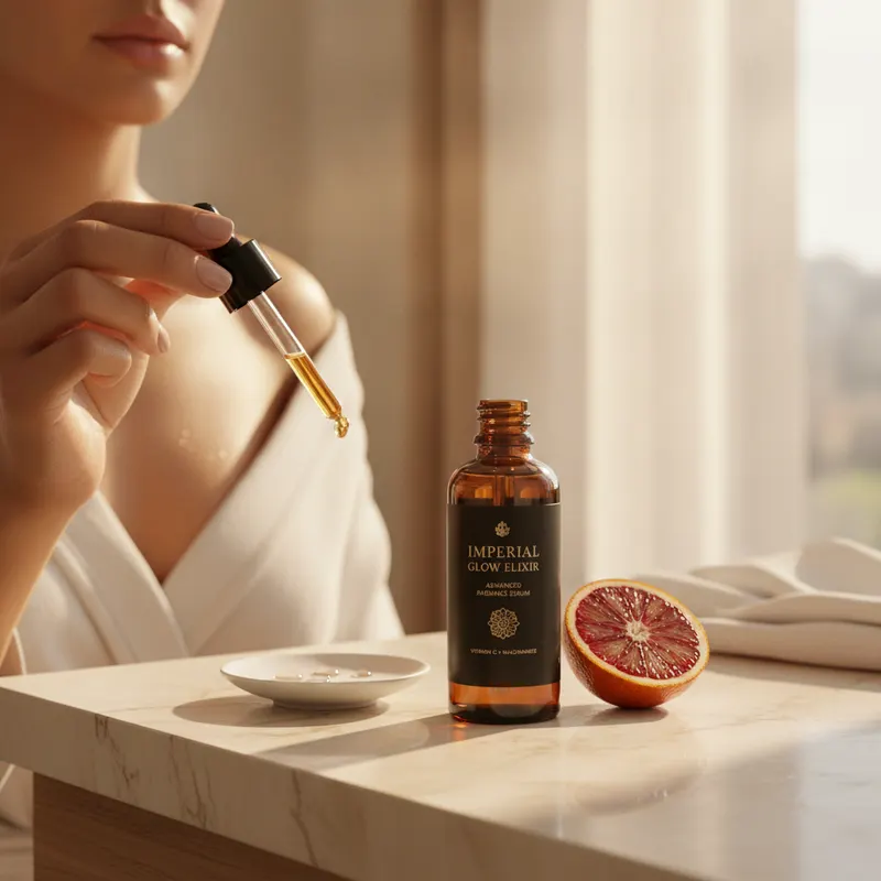 AI lifestyle photo: a woman in a white robe holding the serum dropper beside the bottle on a marble counter