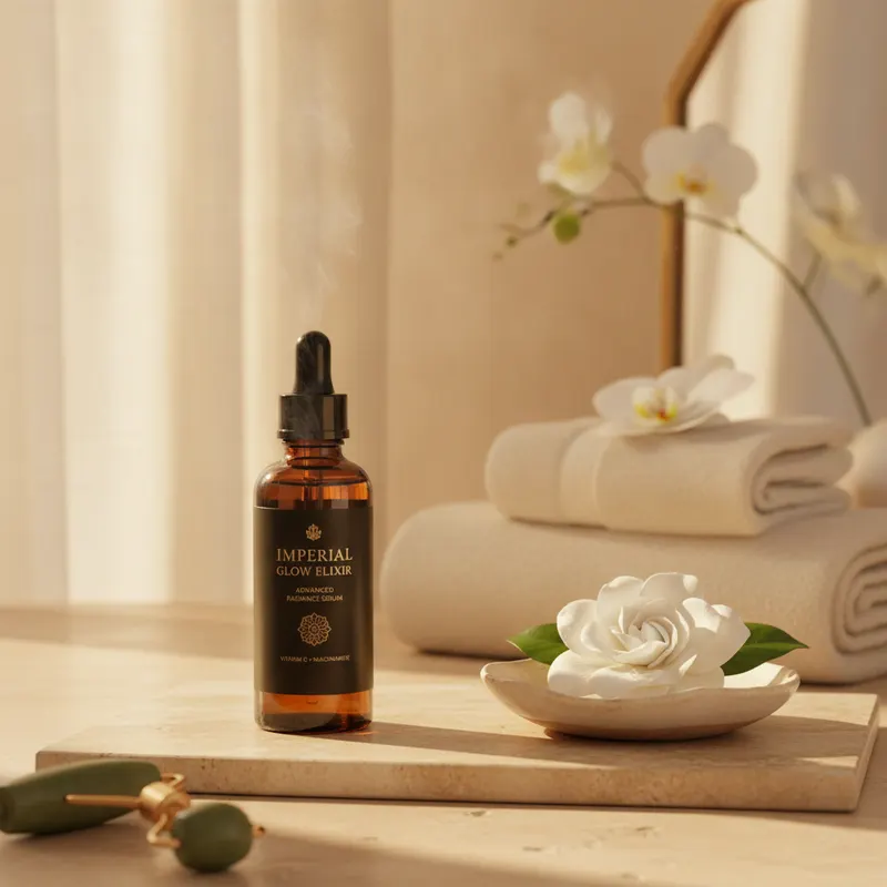AI product photo: the serum bottle beside folded white towels, a gardenia and an orchid in soft window light