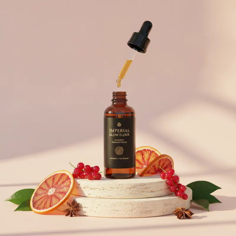 AI product photo: the serum bottle with its dropper raised on a travertine podium with blood orange slices and red currants