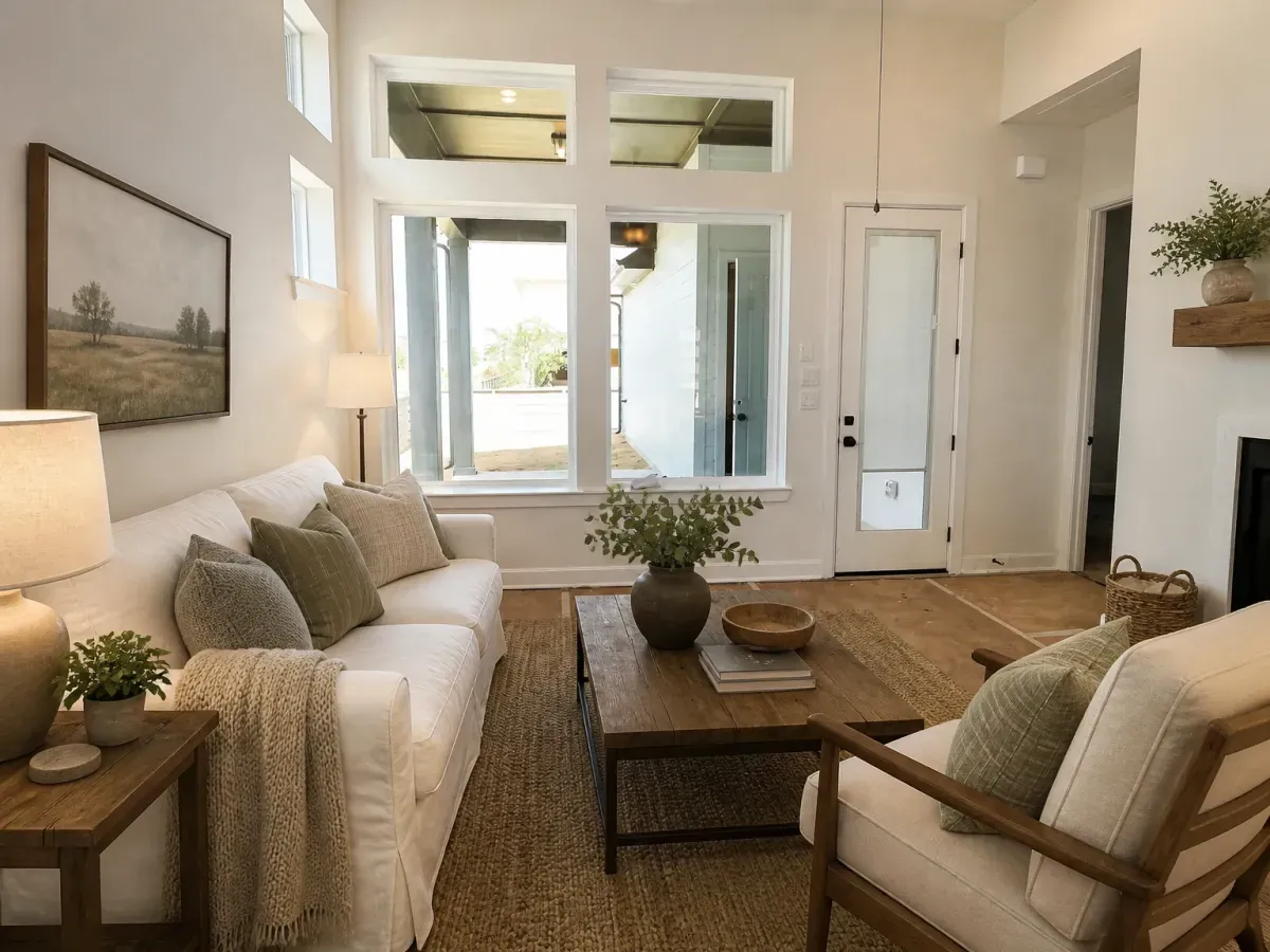 The same living room after AI virtual staging, furnished with a cream sofa, jute rug, reclaimed-wood coffee table and framed landscape art, with the windows, door and fireplace unchanged