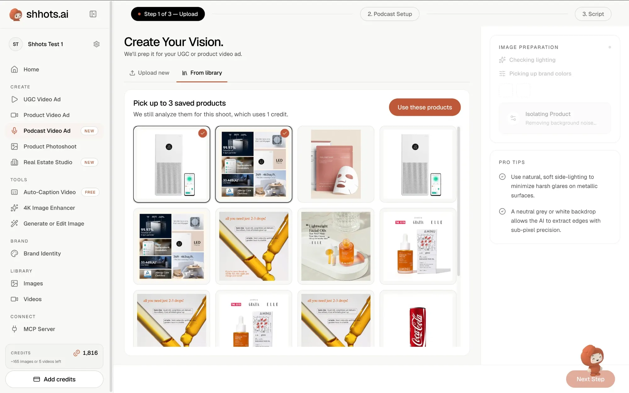 Step 1 of the Shhots AI podcast ad generator, the From library tab with two photos of a white smart air purifier selected out of a grid of saved product images, next to an Image preparation panel checking lighting and picking up brand colours