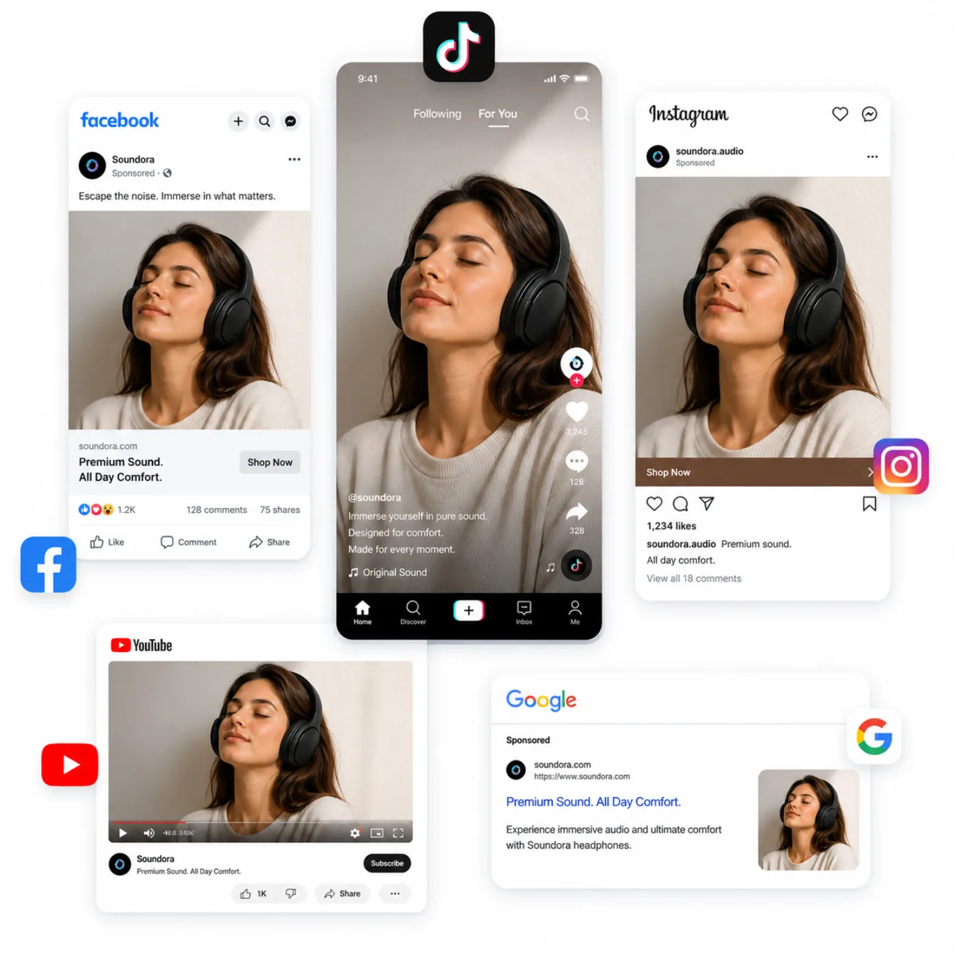 Download commercial-licensed AI generated ads sized for Facebook, Instagram, TikTok, YouTube, and Google.