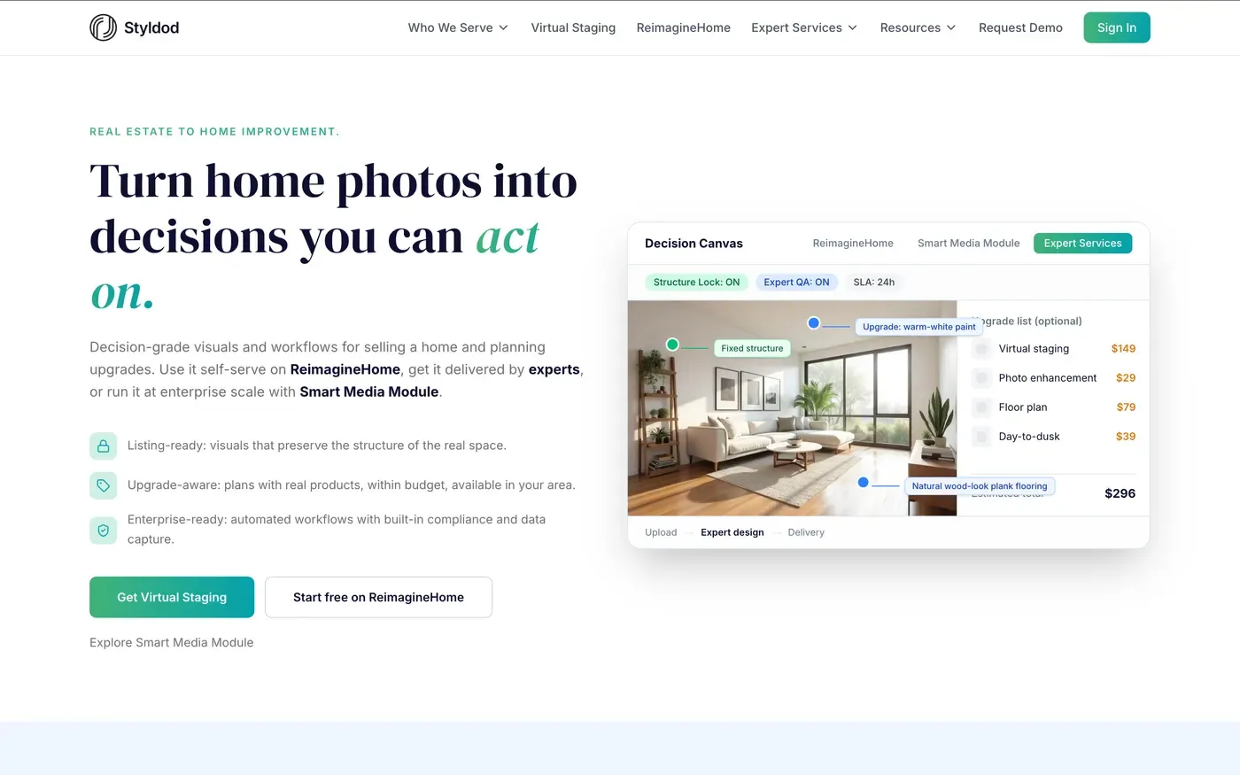 Styldod homepage headed 'Turn home photos into decisions you can act on', offering self-serve use on ReimagineHome, expert-delivered services and an enterprise Smart Media Module, beside a Decision Canvas product mockup with structure lock, expert QA and a 24-hour SLA