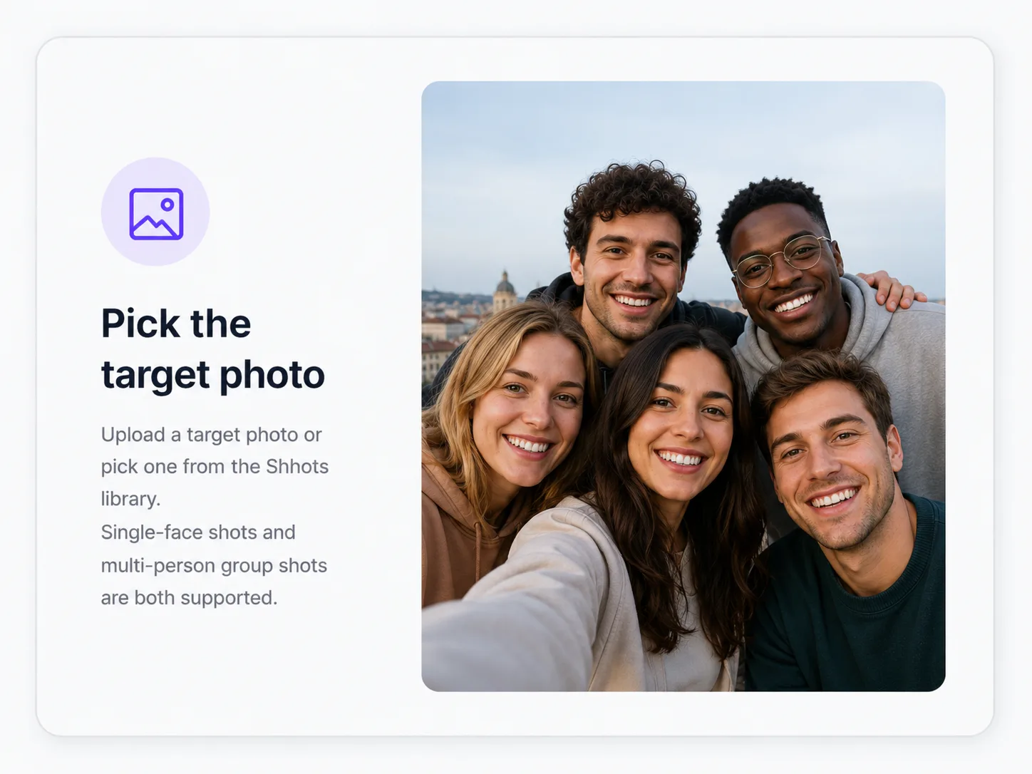 Select the target photo in Shhots AI for faceswap, choosing a portrait or group photo with the desired face placement.