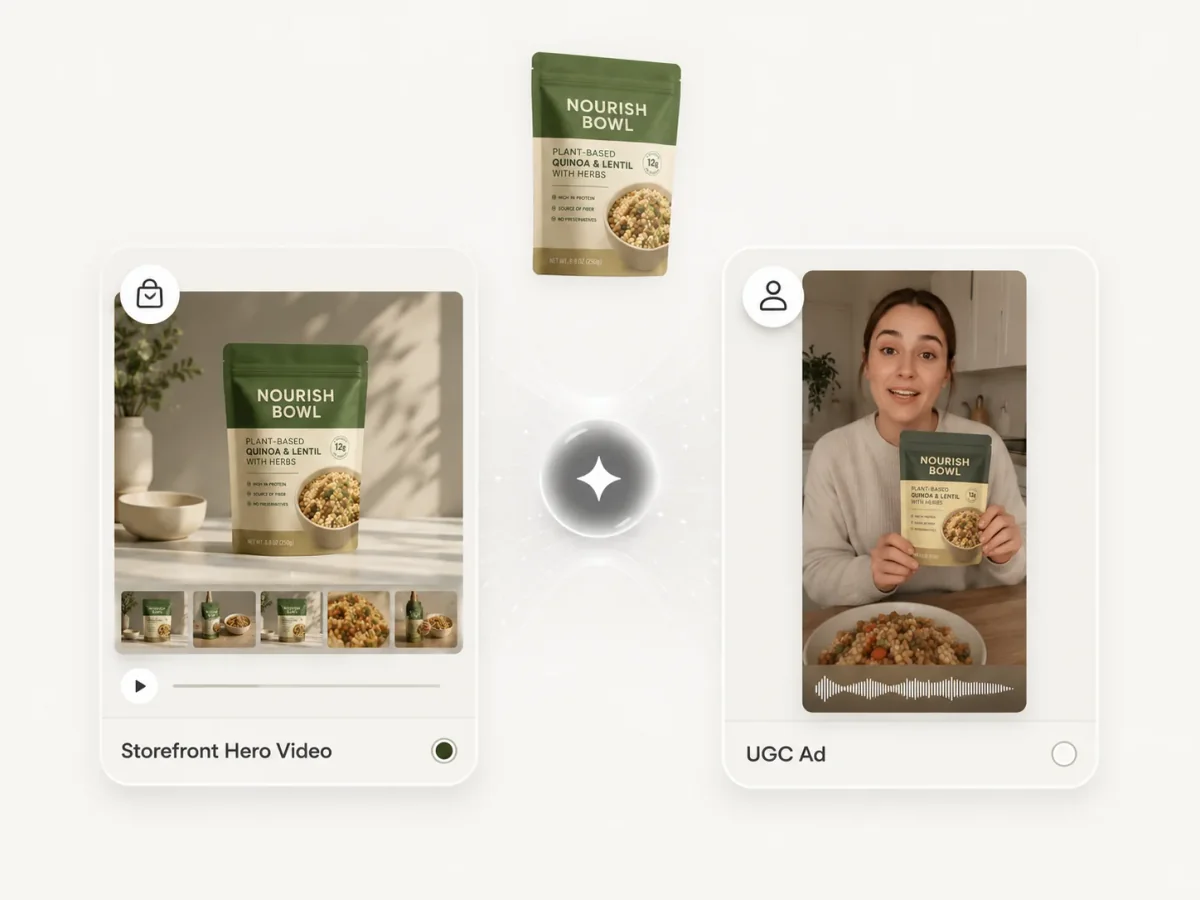Select between Storefront Hero Video and UGC Ad intent in Shhots AI, powered by Kling, Veo, and Seedance AI models in the background.