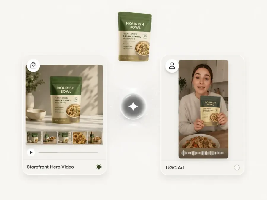 Shhots AI format choice for one product, showing a storefront hero video option next to a UGC ad with a woman holding the product