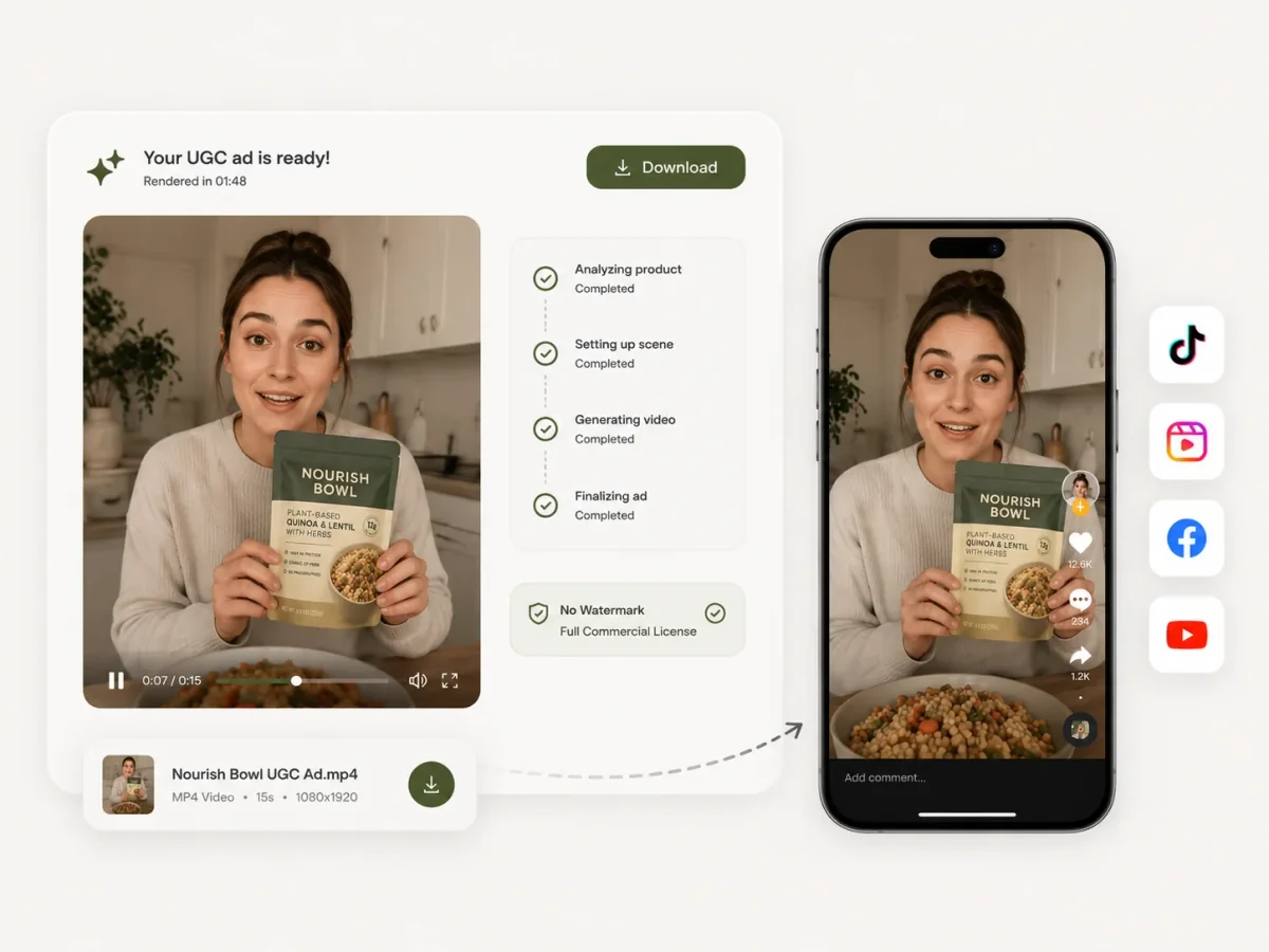 Finished AI UGC ad generated by Shhots AI, ready to download as MP4 for TikTok, Reels, Facebook and YouTube.