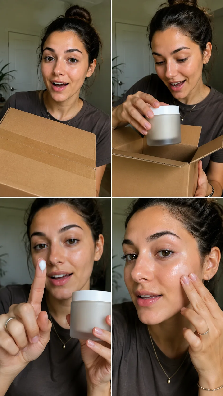 Unboxing UGC ad style example - AI creator opening product box and revealing product packaging and contents