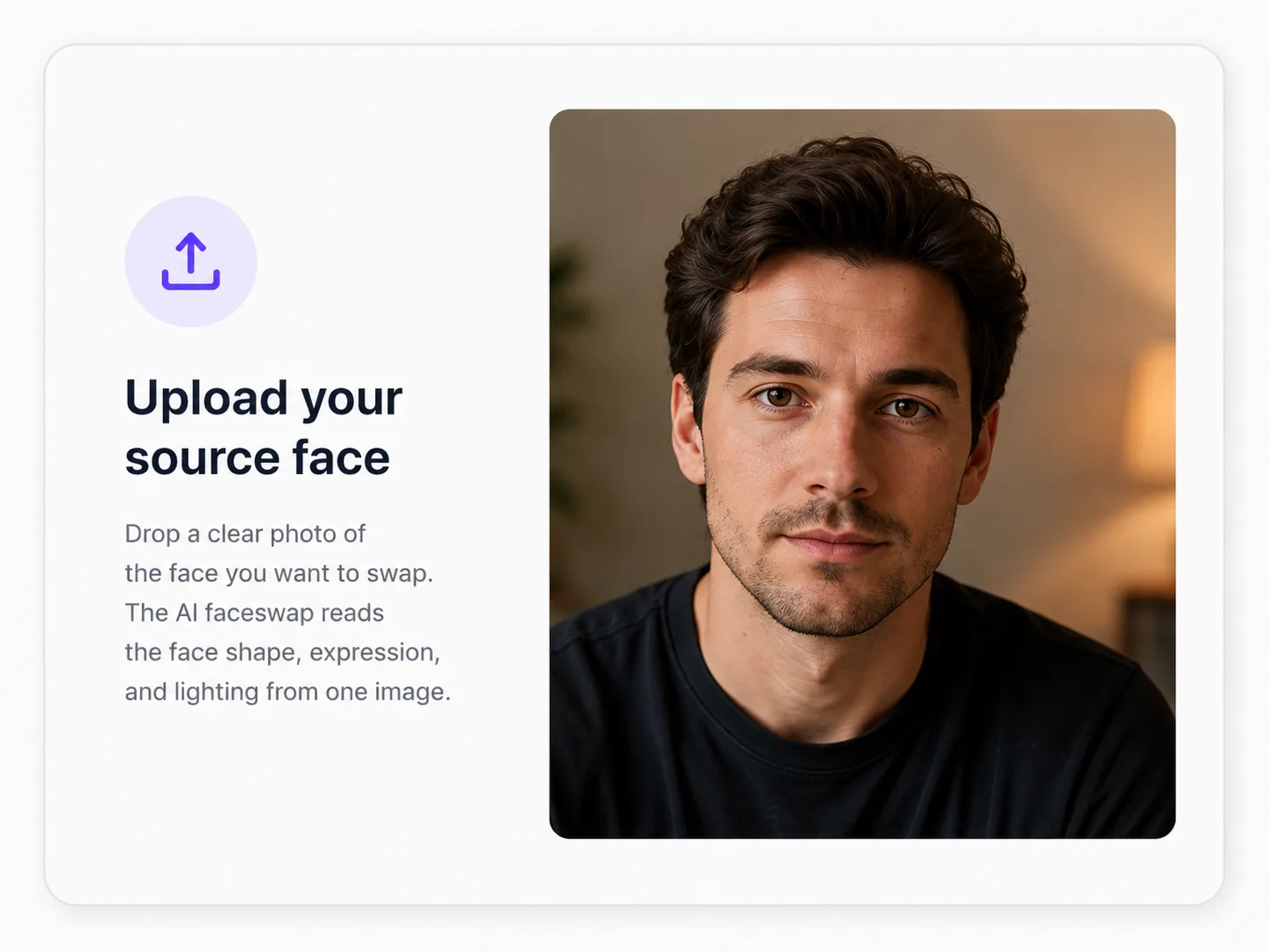 Upload your source face photo into Shhots AI faceswap tool for AI-powered face swapping on photos and videos.