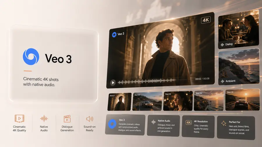 Veo 3 model preview on Shhots AI — cinematic 4K AI video generation with native audio