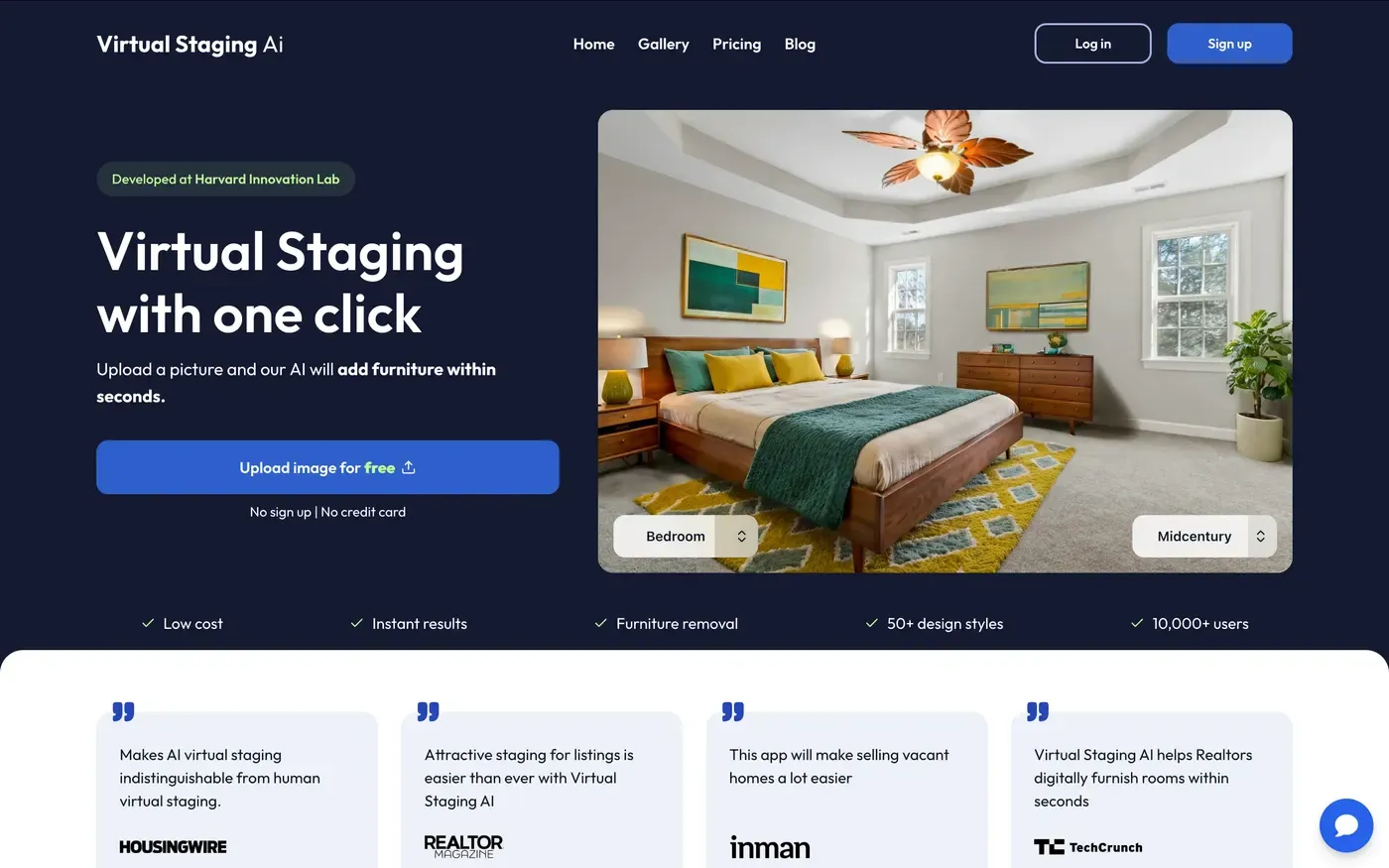 Virtual Staging AI homepage headed 'Virtual Staging with one click' showing a mid-century staged bedroom with bedroom and style selectors, an upload-image-for-free button marked no signup and no credit card, and feature claims for low cost, instant results, furniture removal, 50+ design styles and 10,000+ users