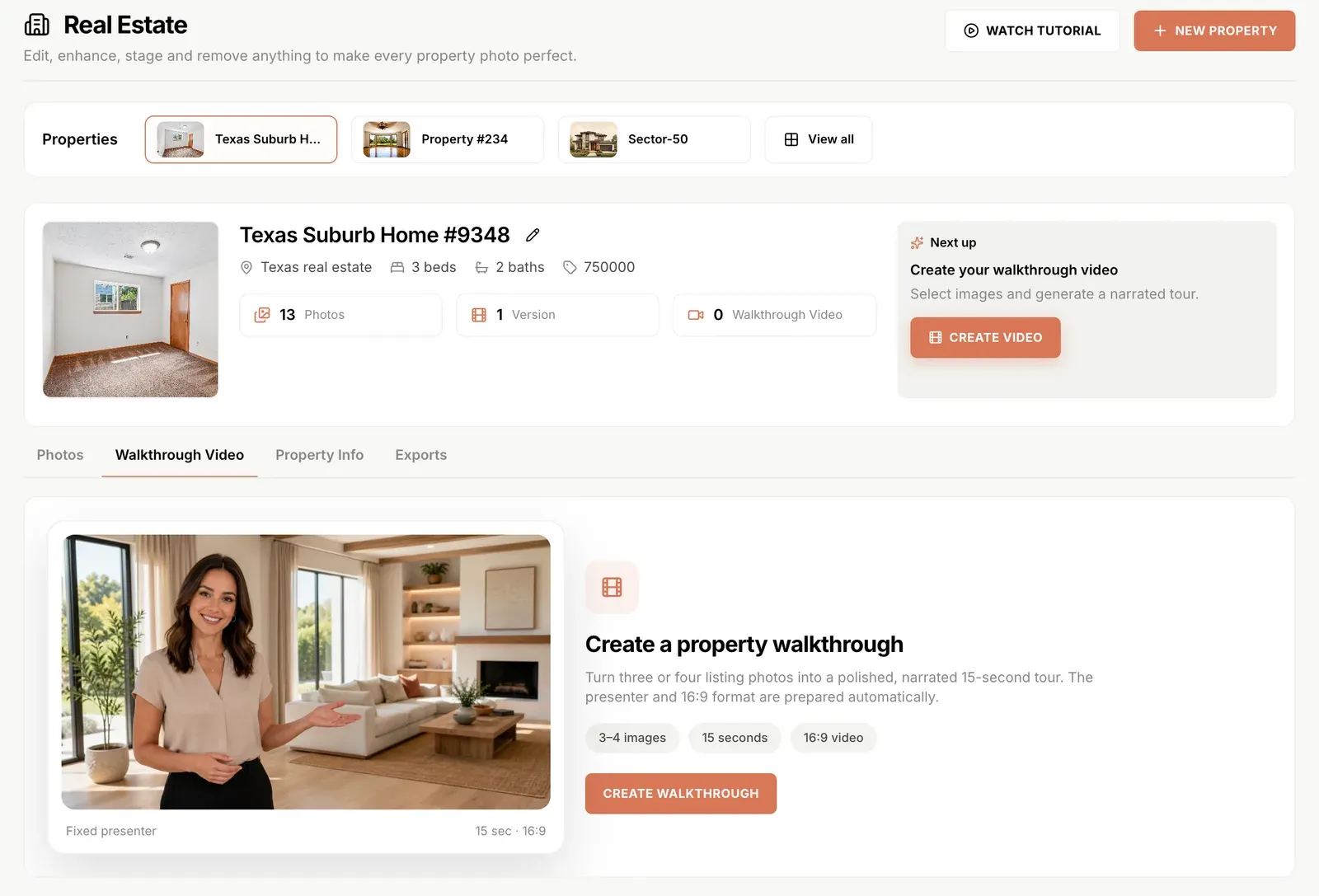 Walkthrough Video tab in Shhots AI Real Estate Studio showing the Create a property walkthrough panel with an AI presenter standing in a staged living room, labelled 3–4 images, 15 seconds, 16:9 video